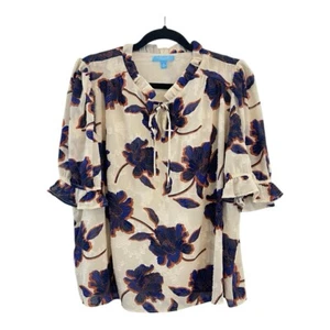 Draper James RSVP Floral Tie Neck Ivory Blue Magnolia Fully Lined Blouse Size XL - Picture 1 of 4