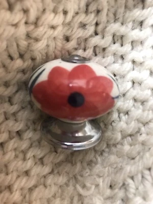 French White Red Floral Ceramic Drawer Pull Cabinet Knob Circle 1.5” Porcelain - Image 1 of 4