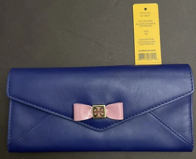 Nova Carteira Envelope Continental Tory Burch Bow Couro Azul Clutch - Imagem 1 de 4