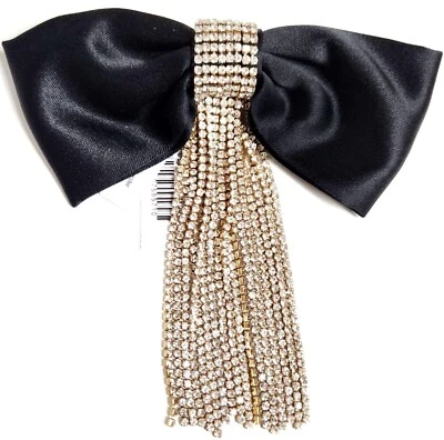 J.Crew Satin and Rhinestone Hair Bow Barrette Black Crystal Fringe Goldtone NWT - Image 1 of 4