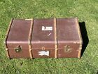 Steamer Trunk Wood Banded Vintage Travel Chest Metal Clasps Leather Handles Wood