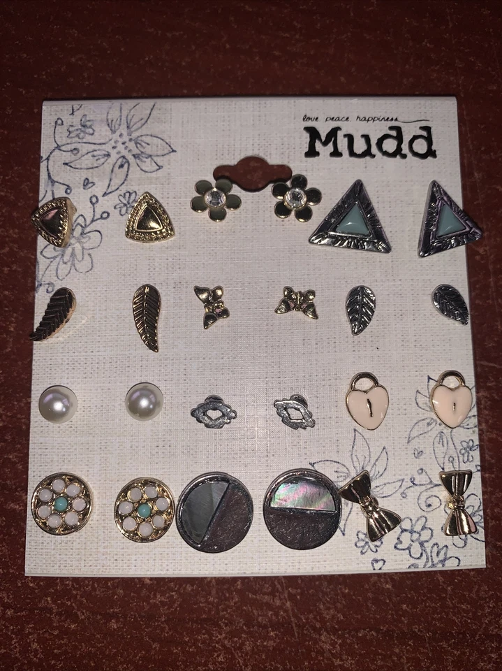 Juego de 12 pares de aretes Mudd tono dorado y plateado lazos de flores hoja Foto 1 de 1