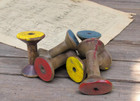 Set of 6 Antique Vintage 3" Colored End Wooden Industrial Textile Bobbins Spools