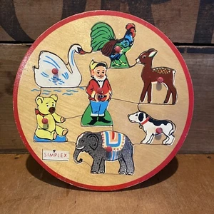 Vintage Simplex Round Wood Baby Puzzle Handled PIeces Elephant Deer Gnome Swan - Picture 1 of 4