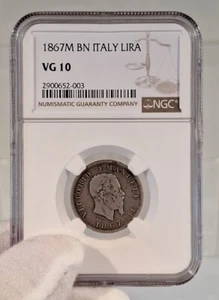 ITALY Silver Lira 1867 M BN  NGC VG 10 - Picture 1 of 13