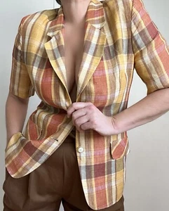 Vintage 80s Checked Plaid Tartan Linen Summer Blazer Woman’s Earthtoned Linen - Picture 1 of 13