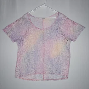 Maurices Sheer Lace Top Women 2X Pastel Tie-Dye Stretch Short Sleeve Scoop Neck - Picture 1 of 8