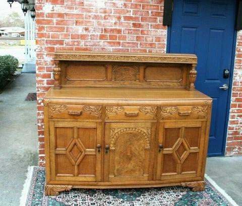 English Antique Tiger Oak Art Deco Sideboard / Small Buffet / 3 Door Bar Cabinet Cover