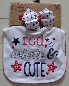 Baby Essentials 2 Pc Red White & Cute Bib and Bow Headband Set July 4th 0-6M - Picture 1 of 2