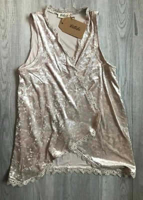 Chaleco túnica grande Listicle para mujer terciopelo abierto encaje beige nuevo con etiquetas Foto 1 de 4