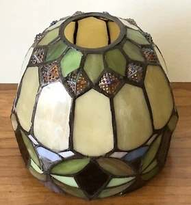 Vintage Small Stained Leaded Mosaic Glass Lamp Shade Iridescent Amber Diamond - Foto 1 di 13