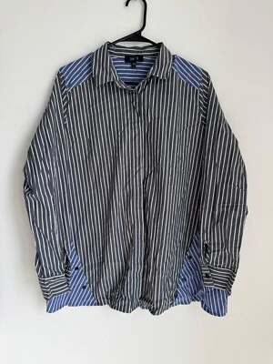 Cómoda Camisa Túnica Mujer EE. UU. Pin Rayas Botón Frontal L Negra Azul Dos Tonos Foto 1 de 4