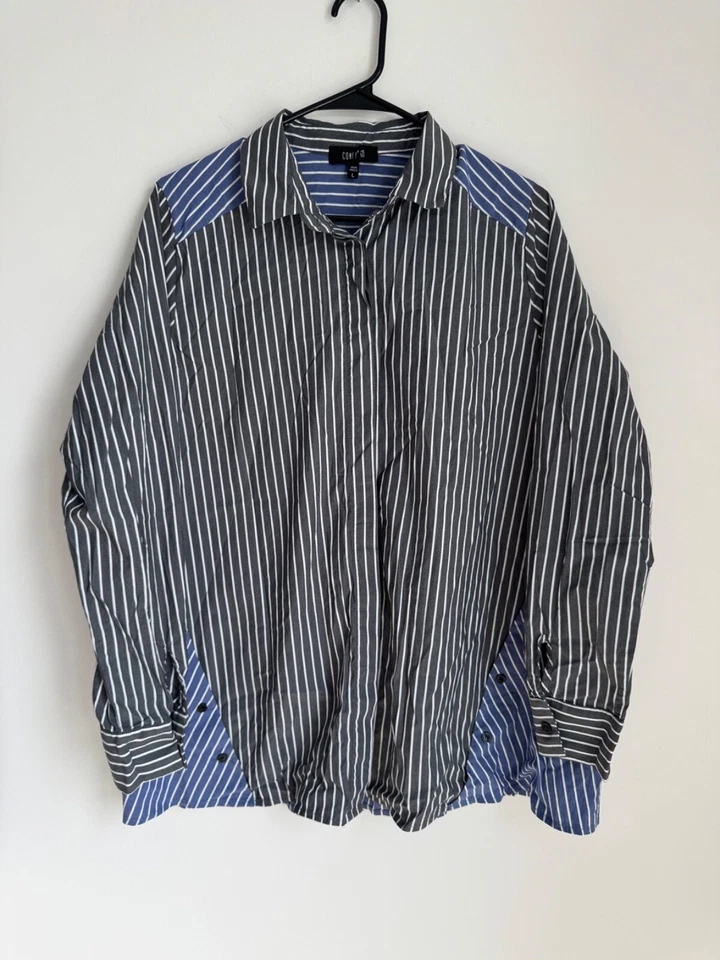 Cómoda Camisa Túnica Mujer EE. UU. Pin Rayas Botón Frontal L Negra Azul Dos Tonos Foto 1 de 4