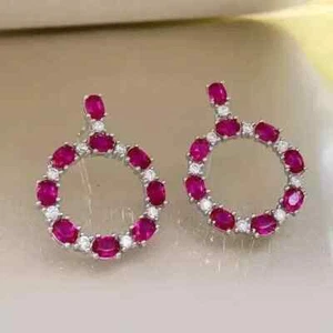 14k White Gold Plated 3.20ct Oval Simulated red Ruby Drop Dangle Earring Women - Picture 1 of 4