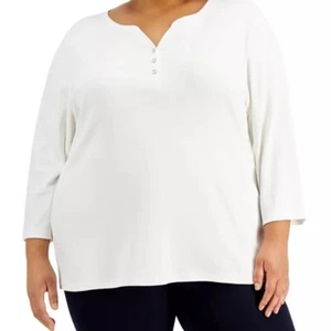 Karen Scott Womens Plus 3X White 3/4 Sleeve Split Neck Henley Cotton Top NWTAU26 - Picture 1 of 5