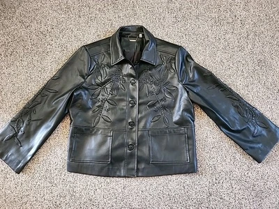 Chicos Cutwork Faux Leather Jacket Sz 3 US 16 Black - Image 1 of 4