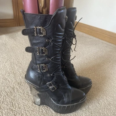 Stunning NEW ROCK wedge metal heel Knee high Boots UK 7 EU 40 Goth Steampunk  - Image 1 of 4
