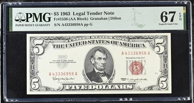 1963 $5 Legal Tender Note  Fr-1536 PMG67 Superb Gem EPQ - Image 1 of 2