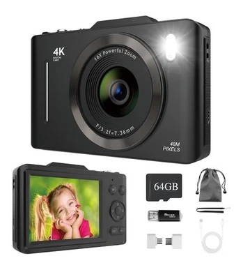 Digital Camera with 64GB SD Card, 4K Digital Compact Cameras 2.8'' Large Screen - Image 1 of 4
