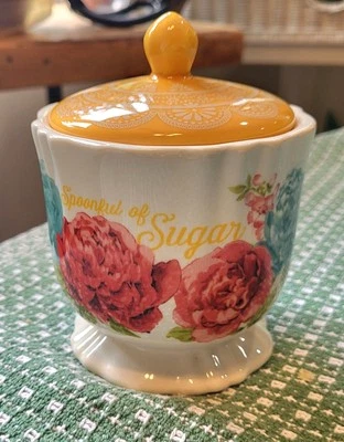 Pioneer Woman Blossom Sugar Bowl W/Lid Spoonful Of Sugar Floral Yellow Blue Pink - Image 1 of 4
