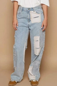 Women's Light Blue Contrast Patched Raw Hem Straight Jeans - Picture 1 of 4