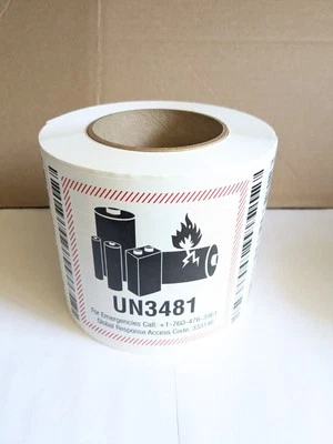 UN3481 Battery Labels 1 500 Count Roll 4 1/2 by 5" NEW.  - Image 1 of 3