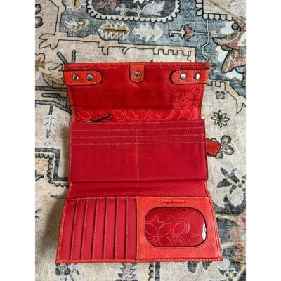 Cartera de cuero fósil triple pliegue Y2k cuero genuino libro de bolsillo rojo coral Foto 1 de 4