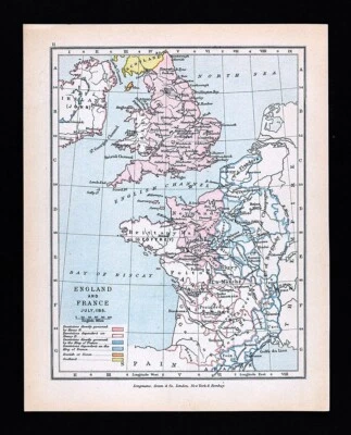 Antiguo Mapa Inglaterra y Francia 1185 Posesiones Inglesas Londres París Normandía Foto 1 de 2