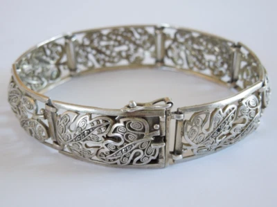 Bracelet Vintage 800 Argent Filigrane Motif Feuille 17,7 G/18,5 Cm - Photo 1/4