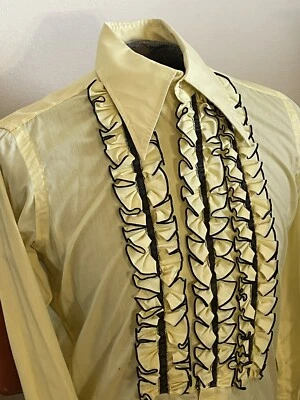 Camisa De Colección Años 70 Después de Seis Negra Recortada Amarilla Formal Esmoquin Volantes M Foto 1 de 4