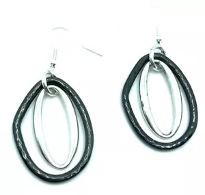 Brighton Circle Oval 2-Hoops Brushed Hammered Silver & Black Custom Earrings - Picture 1 of 7