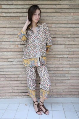 Conjunto de pijama amarillo 100 % algodón puro niñas mujeres vestido pájaros estampado MG1086 Foto 1 de 4