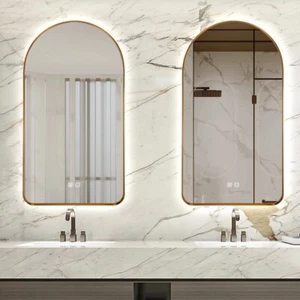 Arched LED Mirror Gold 90x50cm Bevel Backlit Dimmable Defogger Touch Sensor Glow - Picture 1 of 16