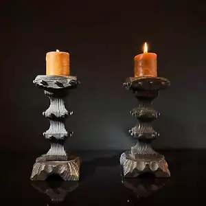 Pair Vintage Brutalist Candle Holders - Wood & Square Nail Candlesticks - Foto 1 di 10