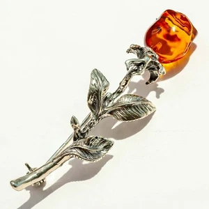 925 Solid Pure Sterling Silver Honey Baltic Amber Designer Nice Rose Brooch Pin - Picture 1 of 4