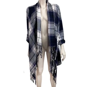 Womens Est 1946 XL Navy Plaid Kimono Cover Cotton Flannel Fringe - Picture 1 of 5