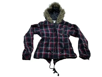 Abrigo chaqueta con capucha de piel a cuadros Hang Ten Girls M rojo/negro/gris Foto 1 de 4