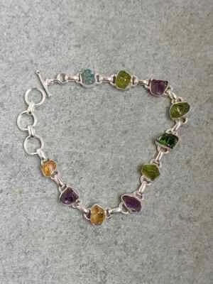 Natural Rough Amethyst Citrine Peridot Aquamarine 925 Sterling Silver Bracelet - Image 1 of 4