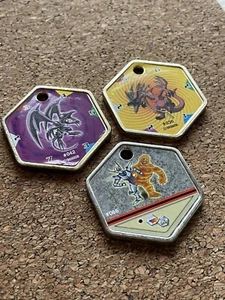 Vintage Lot 3 Takahashi Yu Gi Oh Metal Medallion Hexagon Charm Coin Tokens - Picture 1 of 5