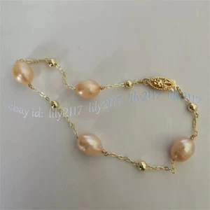 Real Natural 6-11mm Pink Freshwater Pearl Gold Chain Bracelet 7.5-8'' 14k Clasp - Picture 1 of 11