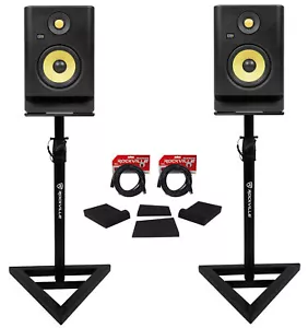 (2) KRK RP5-G4 Rokit Powered 5" Powered Studio Monitors+Stands+Isolation Pads - Picture 1 of 12