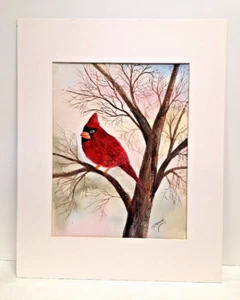 Pintura original de acuarela firmada y enmarañada rojo cardnial en invierno 16"x20 - Imagen 1 de 6