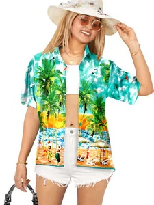 HAPPY BAY Hawaiian Shirts Womens Summer Button Down XL Water Surfing, Green - Picture 1 of 3