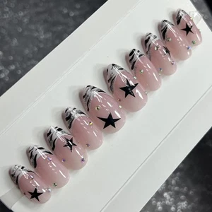 🎀 CUSTOM Hard Gel Press On False Nails French ZEBRA 10p Set Medium Almond W Kit - Picture 1 of 9