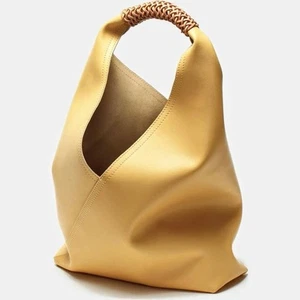 Echt Leder hellgelb Hobo Schultertasche geflochtener Henkel Akzent Boho - Bild 1 von 9