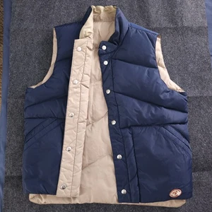 Vintage Camel Goose Down Vest Button Up Reversible Blue Tan 80s 90s Size Medium - Picture 1 of 8