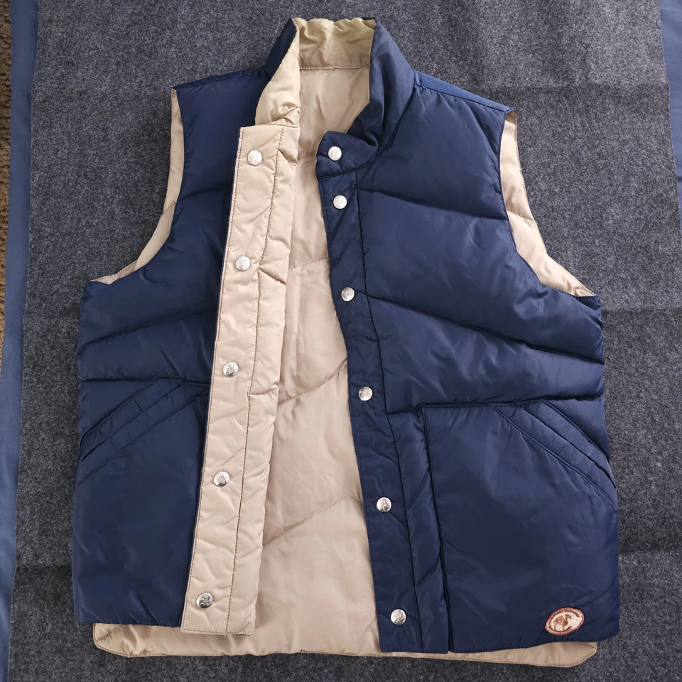 Vintage Camel Goose Down Vest Button Up Reversible Blue Tan 80s 90s Size Medium - Image 1 of 4