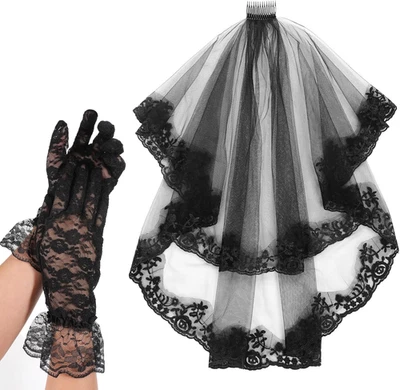 Conjunto de velo y guantes de encaje negro floral velo de novia disfraz de boda de Halloween Foto 1 de 4