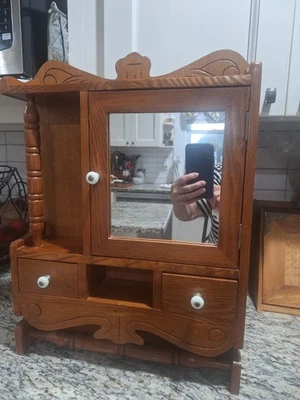 Antique Vintage Apothecary Oak Medicine Cabinet Rustic Mirrored Wall Mount - Image 1 of 4