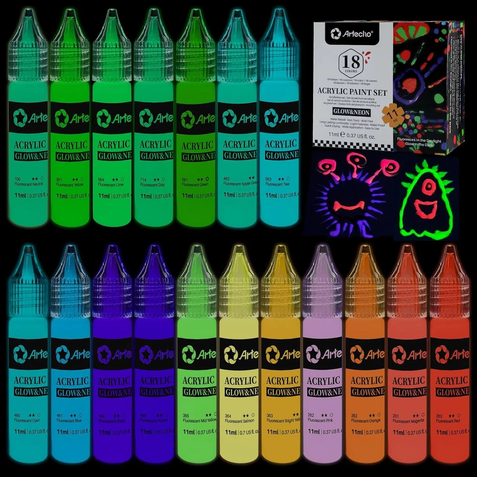 Artecho Glow in the Dark Paint 6.7 Fl Oz (Pack of 1), Glow&Neon-18 colors